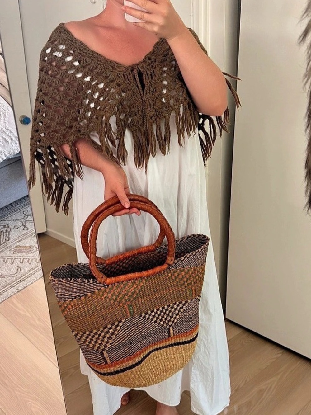 Fringe Crochet Poncho in olive green Like New